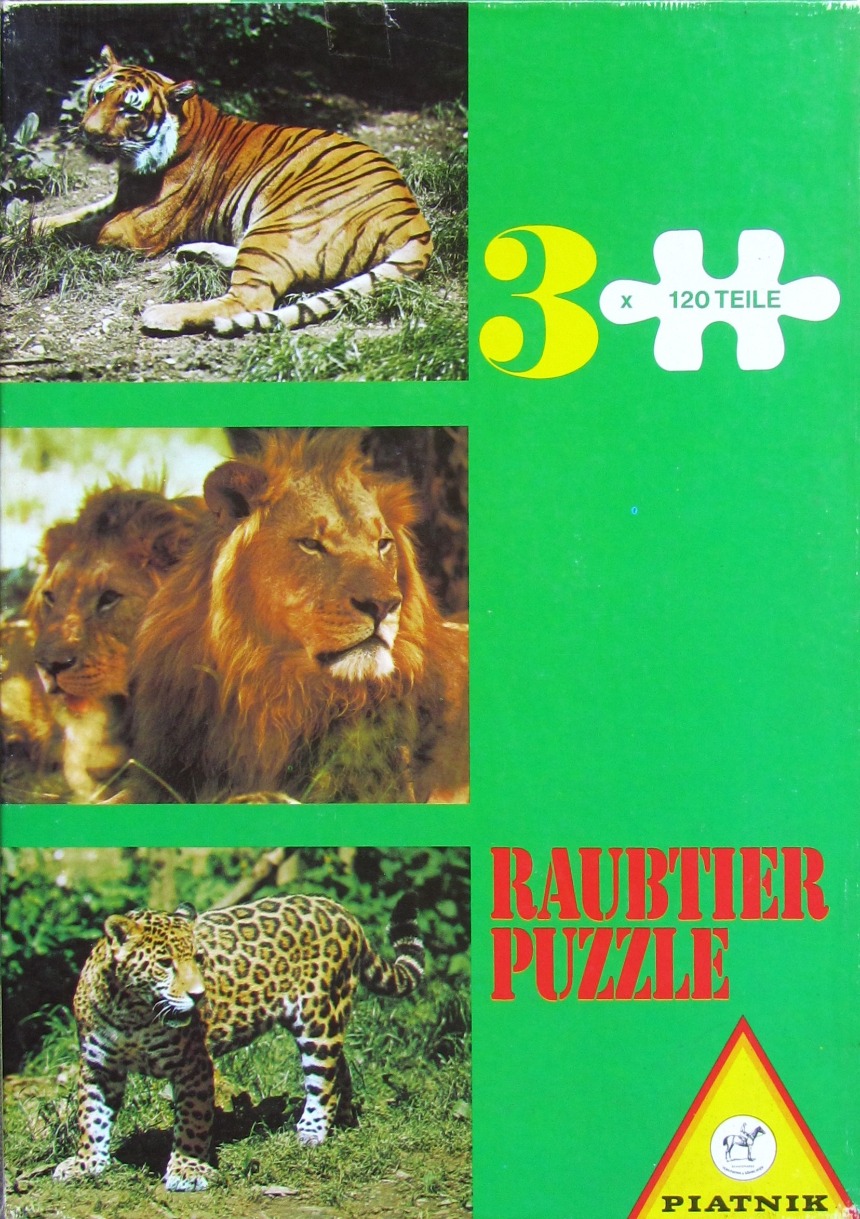 A collection of three wild cat photographs including a tiger, lions, and a jaguar on a green background.