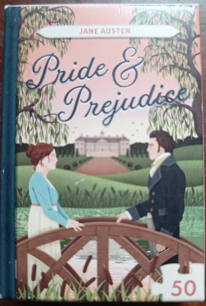 Illustration of a woman and man standing on a wooden bridge, with a country estate in the background.