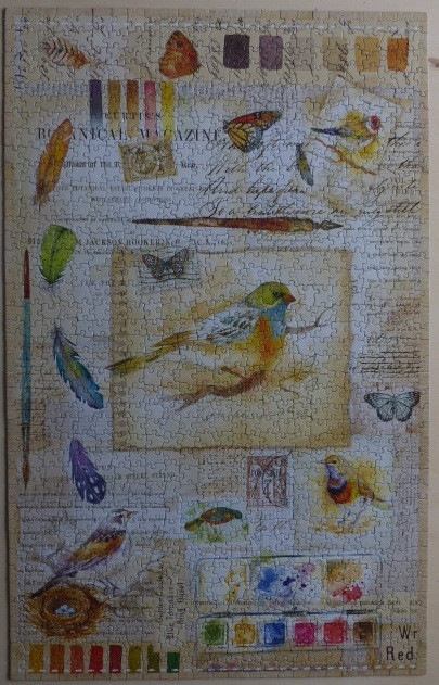 Vintage-style collage featuring watercolor illustrations of birds, butterflies, feathers, and painting supplies.