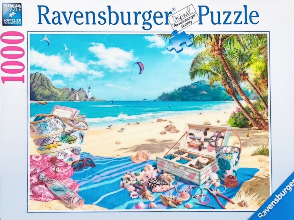 A sunny tropical beach scene featuring a blanket covered in seashells, a collector's box, and a kitesurfer on the water.