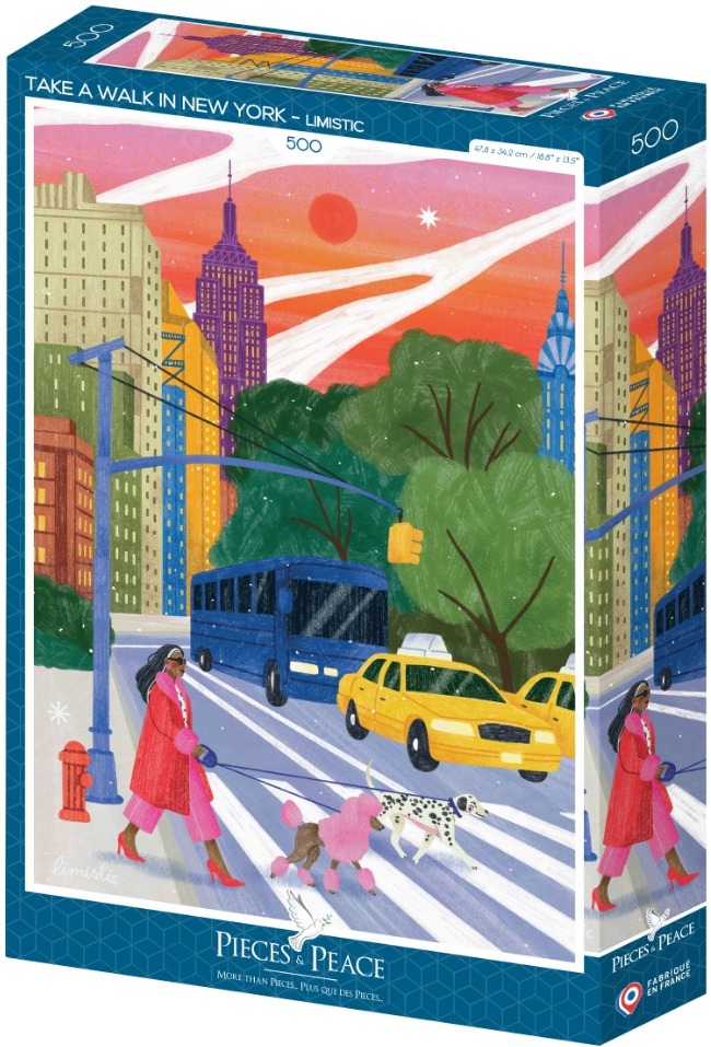 Illustration of a woman walking a pink poodle and a dalmatian across a New York City street at sunset.