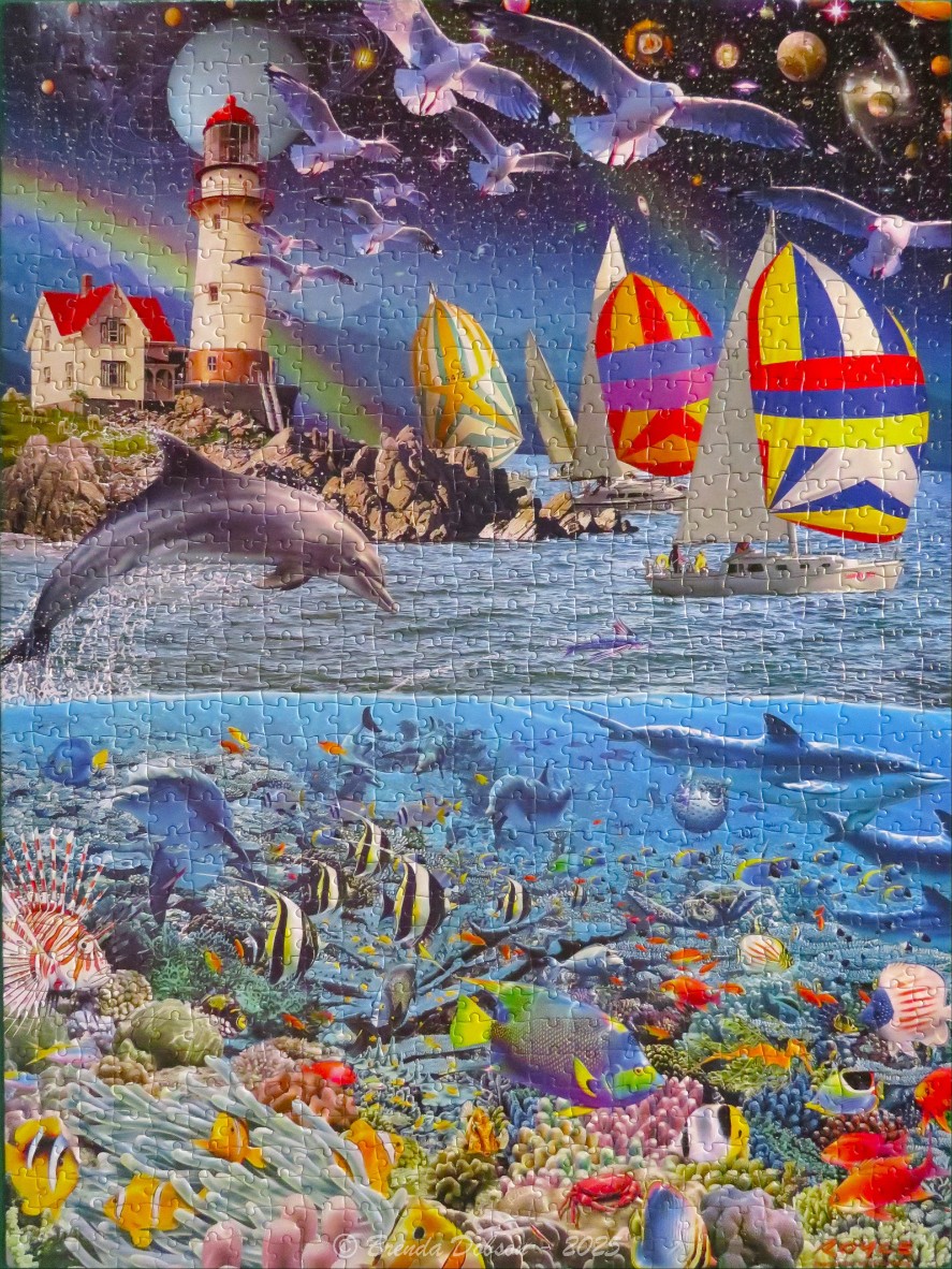 A split-view illustration of a coastal lighthouse scene above the water and a vibrant coral reef below.