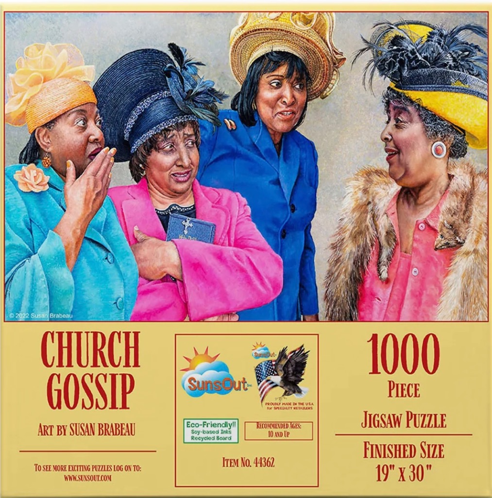 Four women in elegant hats and colorful church attire gossiping in an illustrated scene.