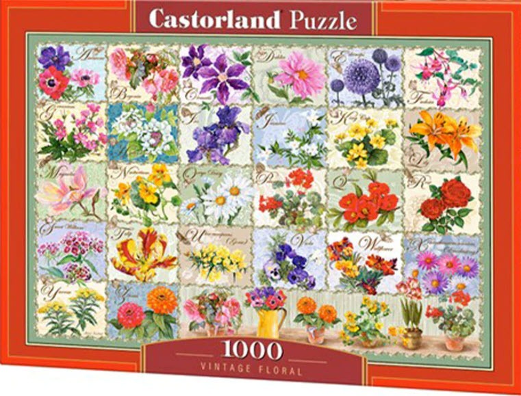 A botanical collage featuring 26 distinct flower illustrations arranged in a grid, each labeled with a letter of the alphabet