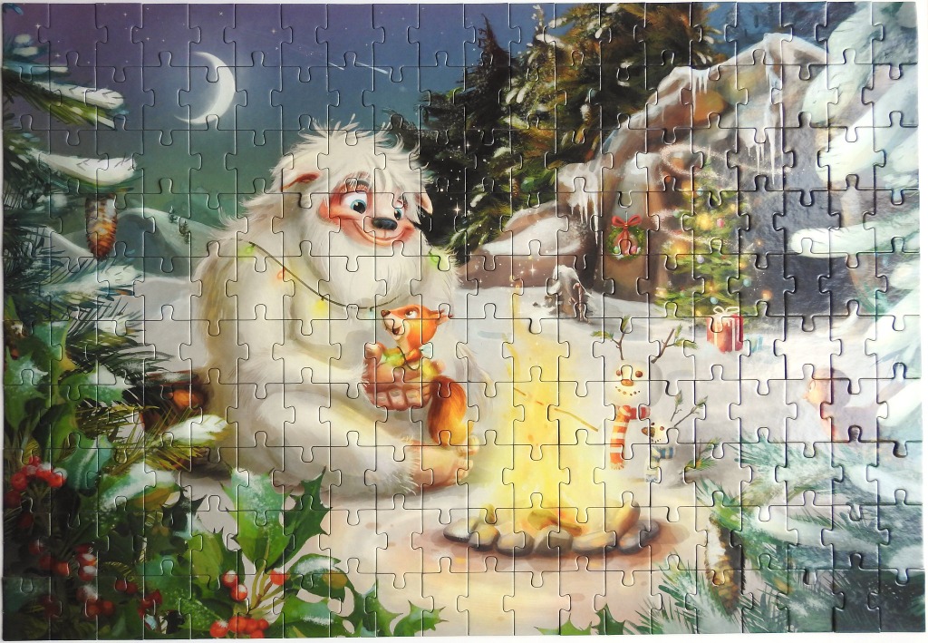 A whimsical illustration of a friendly yeti and a fox sitting by a cozy campfire in a snowy, magical winter forest.