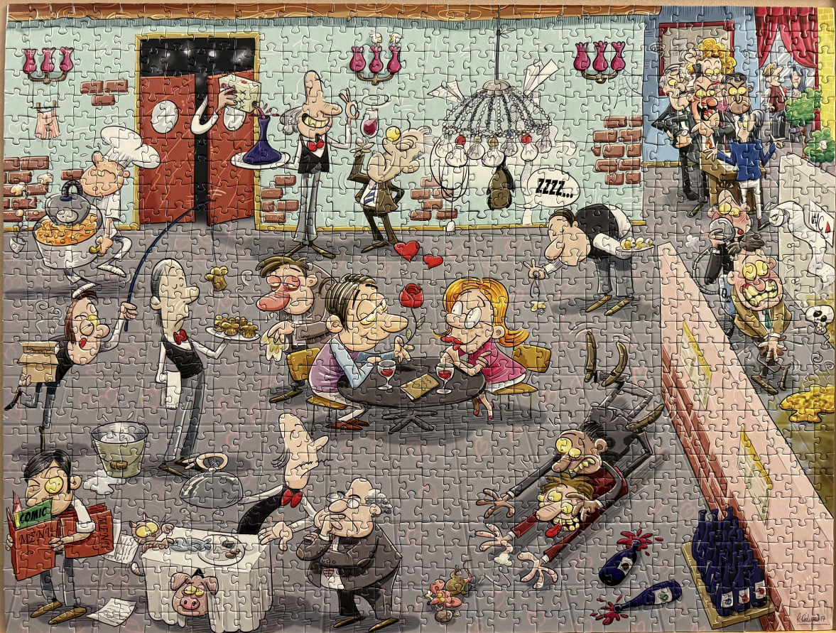 A comedic cartoon illustration of a chaotic, bustling restaurant scene with exaggerated characters.