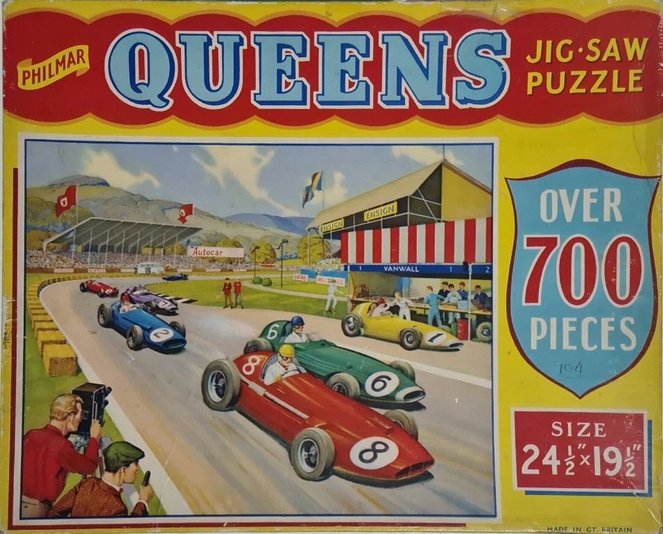 An illustration of 1950s-style open-wheel race cars speeding around a track in front of a grandstand.