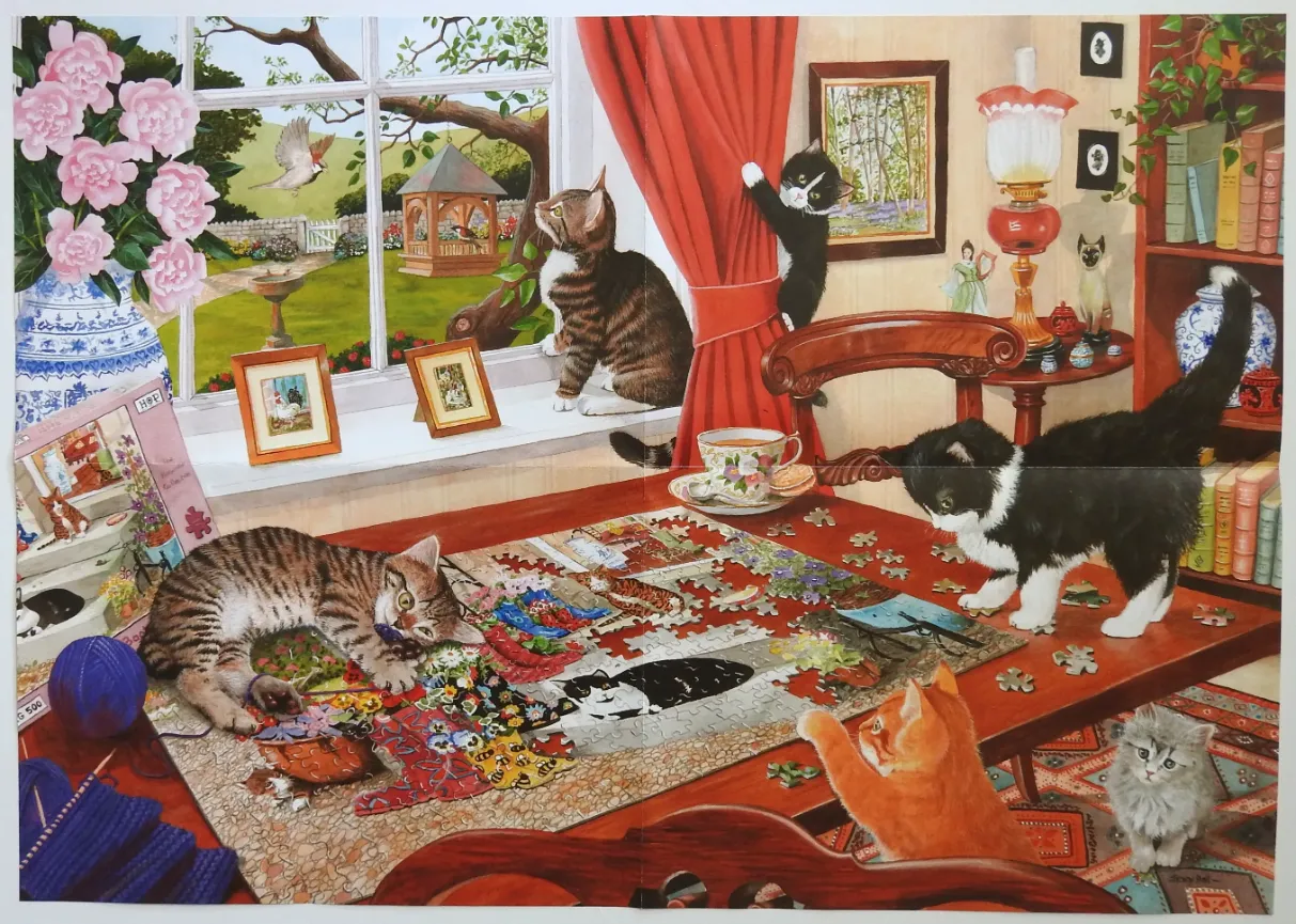 A cozy room filled with kittens interacting with a half-finished jigsaw puzzle on a table.