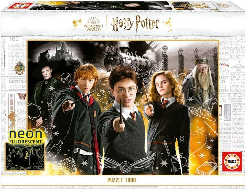 Harry Potter characters holding wands with a train and castle in the background.