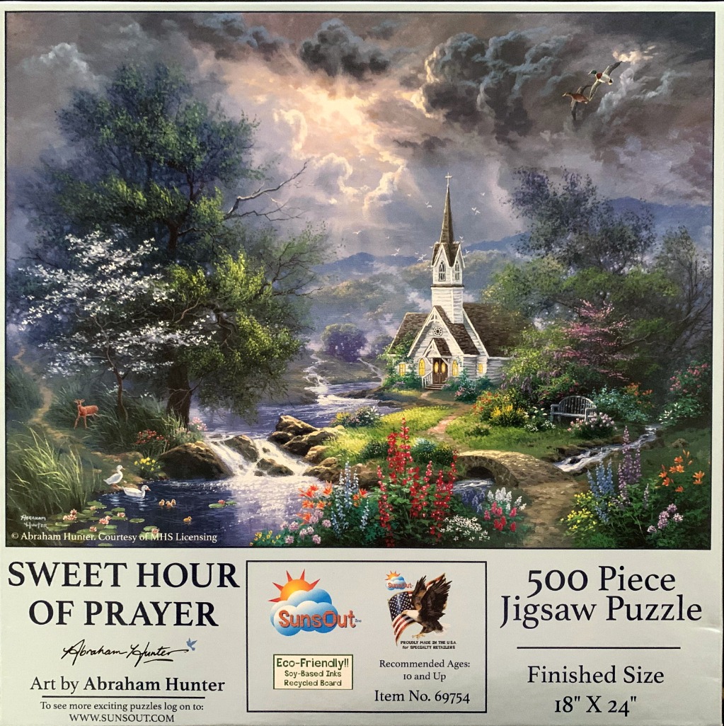 An oil painting of a white church by a river under a dramatic, stormy sky with birds flying overhead.