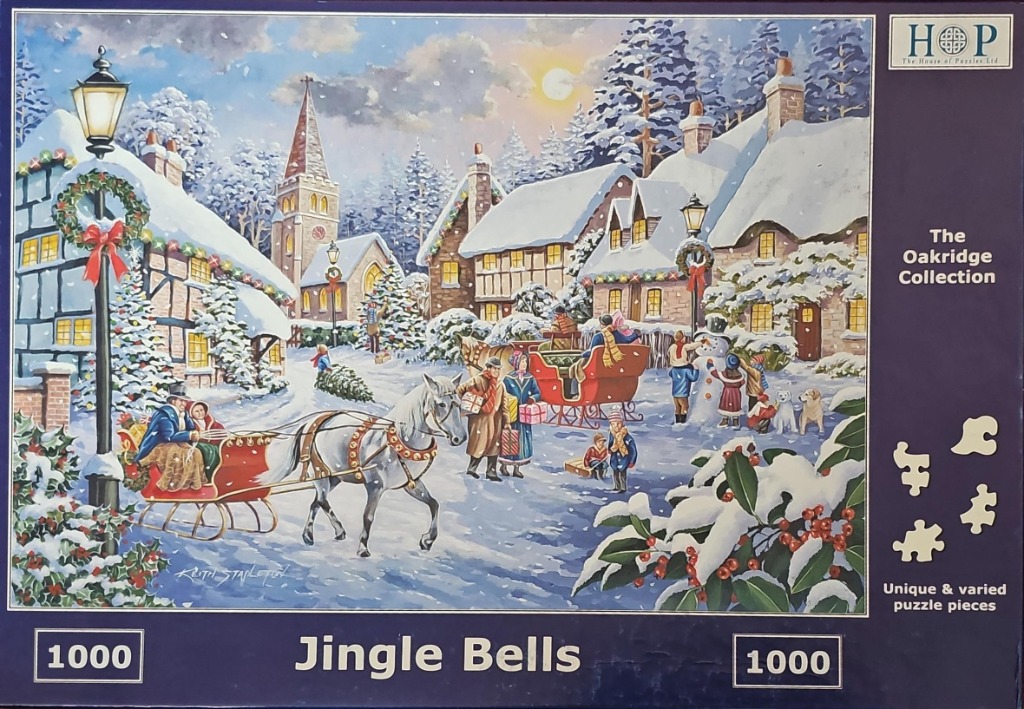 An illustration of a snowy village scene at Christmas featuring a horse-drawn sleigh, a church, and villagers.