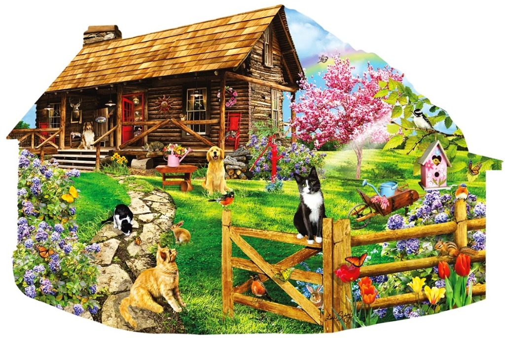 A cozy log cabin in a lush garden filled with pets, birds, and blooming spring flowers.
