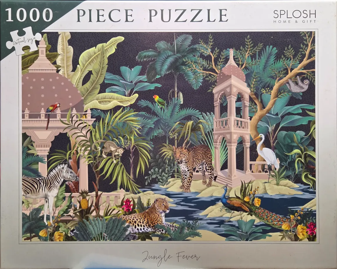 A lush, dark jungle scene featuring two leopards, a zebra, a peacock, and architectural pavilions.