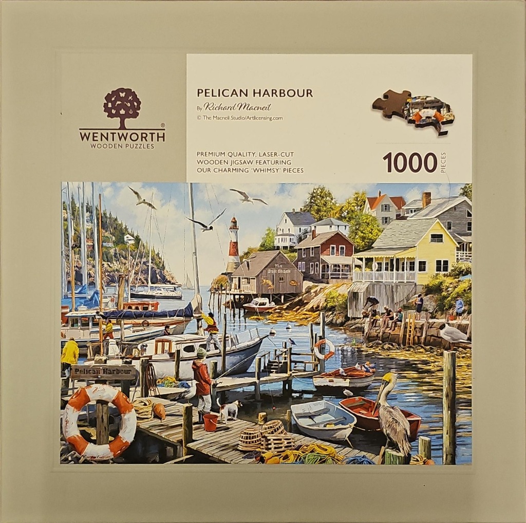 Painting of a bustling harbour scene with boats, a lighthouse, and a pelican.