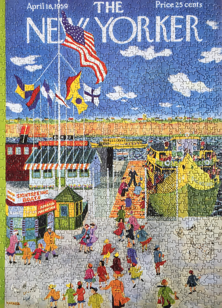 A vintage New Yorker magazine cover illustration depicting a busy waterfront scene with a flagpole and sightseeing boats.