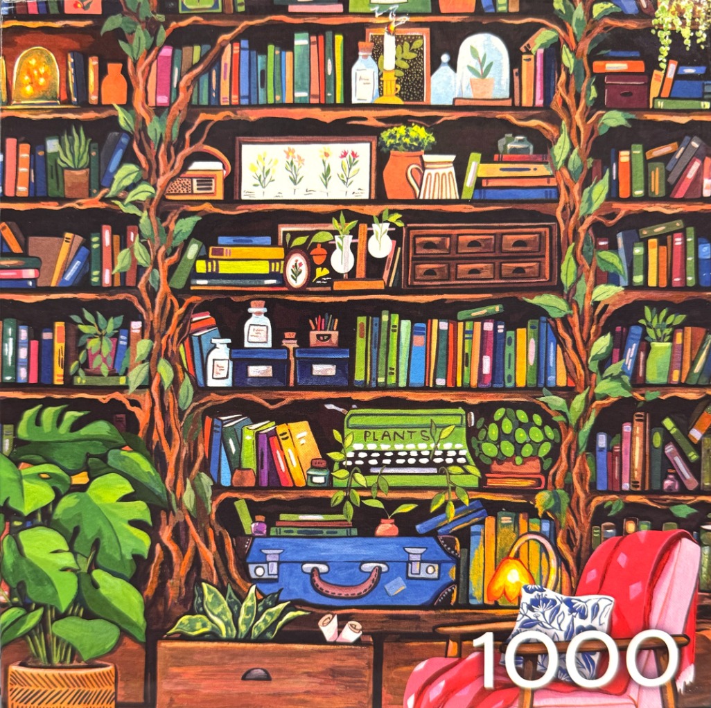 A cozy, stylized illustration of a crowded wooden bookshelf filled with books, plants, and vintage objects.