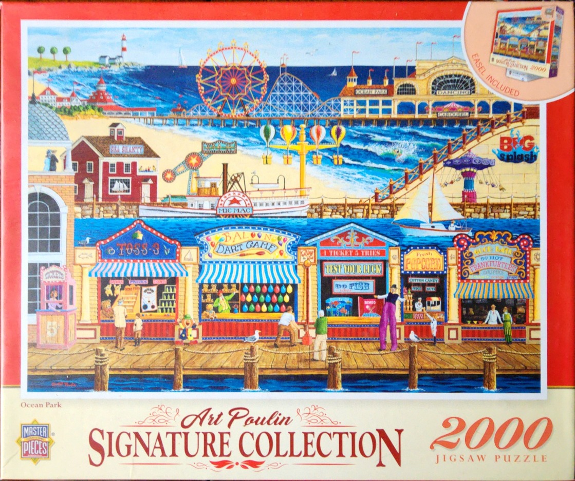 An illustration of a bustling seaside boardwalk amusement park with game stalls, a Ferris wheel, and a roller coaster.