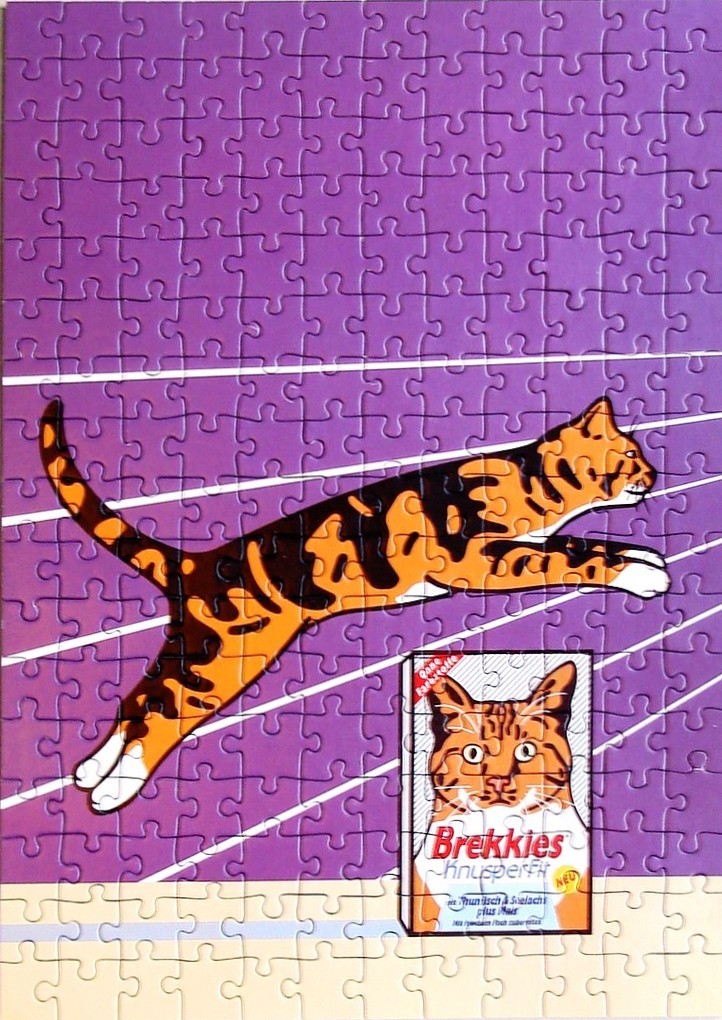 An illustrated calico cat leaping over a box of cat food against a purple background with white diagonal lines.