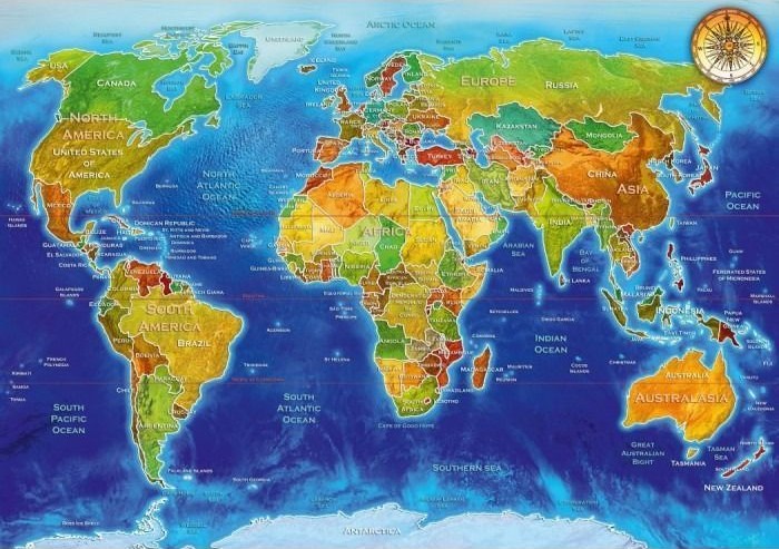 A colorful physical and political world map illustrating continents, oceans, and country borders.