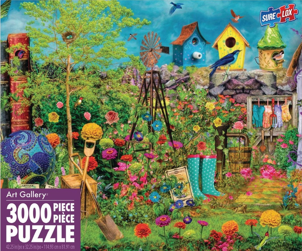 A vibrant, whimsical garden scene filled with colorful flowers, whimsical birdhouses, and gardening tools.