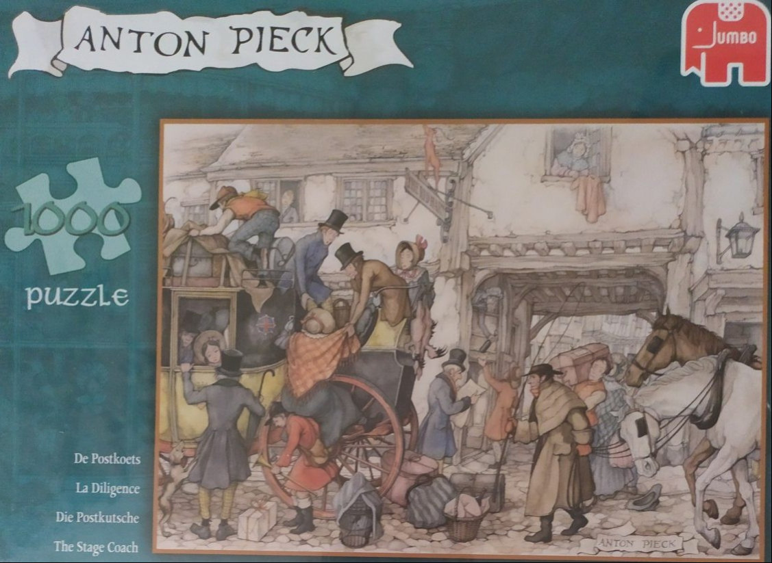 Vintage illustration of a busy 19th-century stagecoach scene in a cobblestone town street.