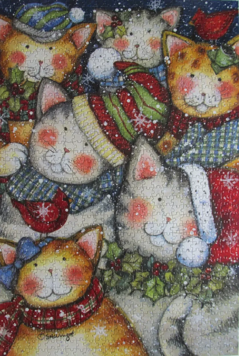 A whimsical illustration of several cats wearing festive holiday scarves and hats during a snowfall.