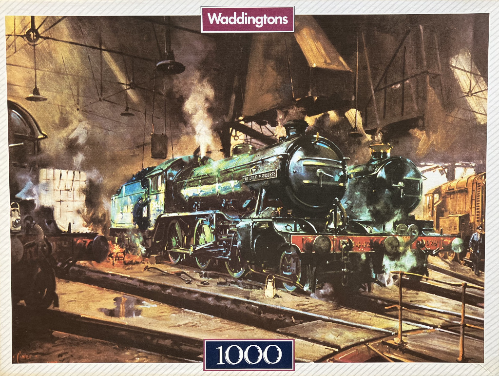 Painting of a dark green steam locomotive inside a busy, industrial railway shed with smoke and machinery.