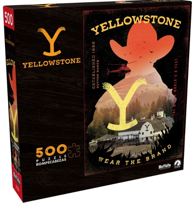 Graphic illustration featuring a cowboy hat silhouette filled with a ranch landscape and the Yellowstone logo.