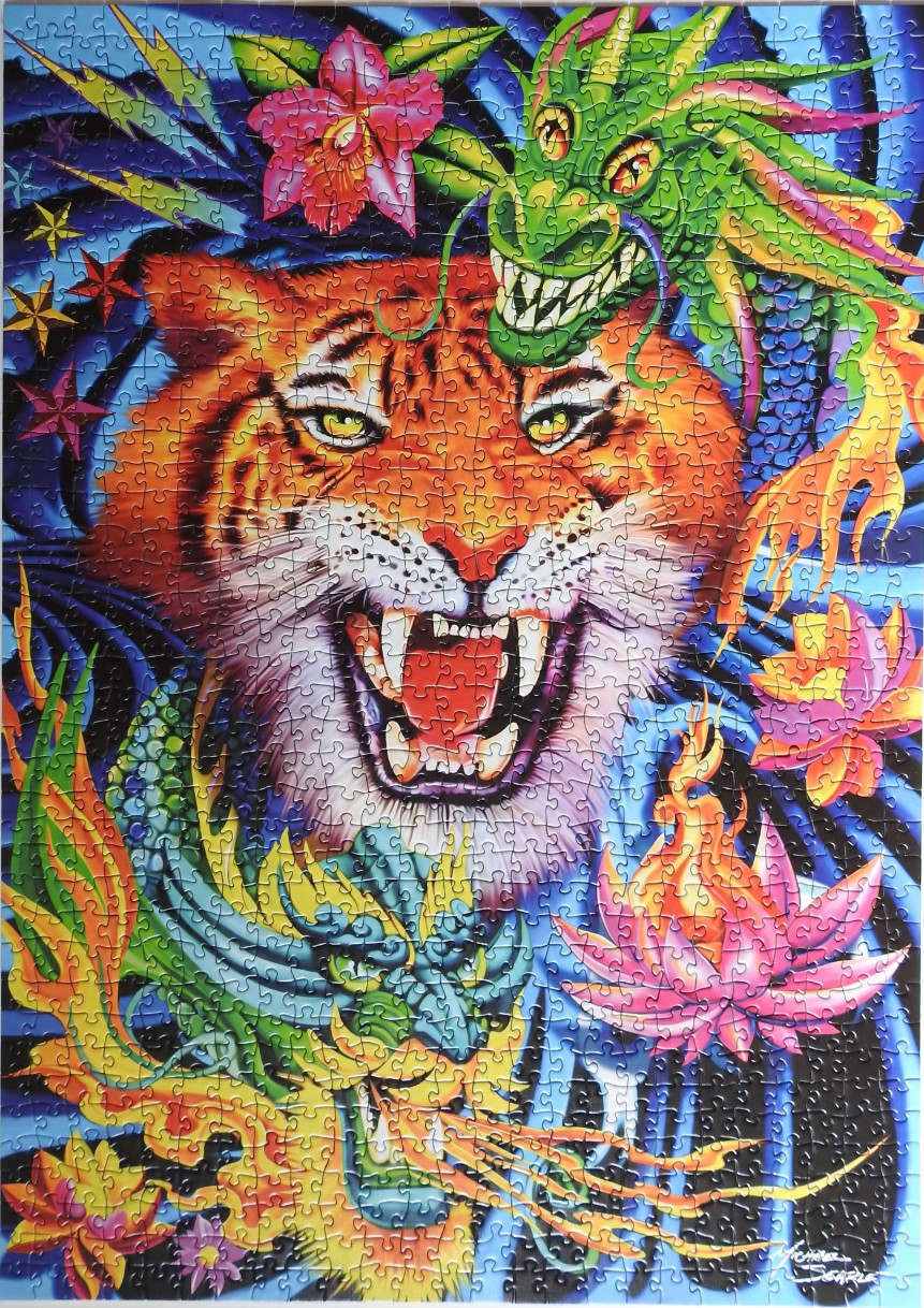 Vibrant, stylized illustration featuring a central tiger head, two dragons, and exotic flowers against a swirling background.