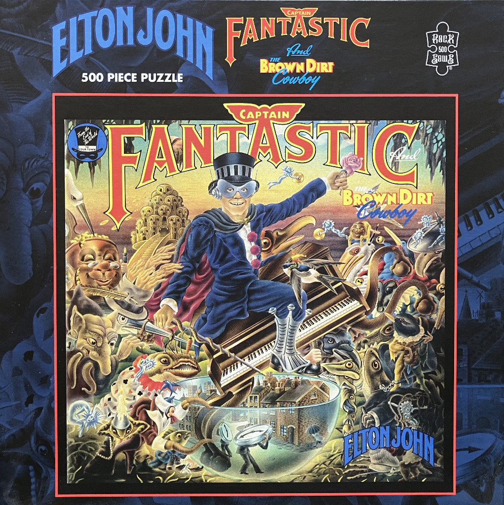 Surreal illustration of Captain Fantastic, a caped figure in a top hat, surrounded by fantastical creatures and objects.