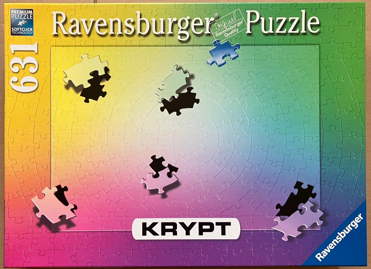 A gradient background ranging from yellow to green to purple with a swirling cut pattern of interlocking pieces.