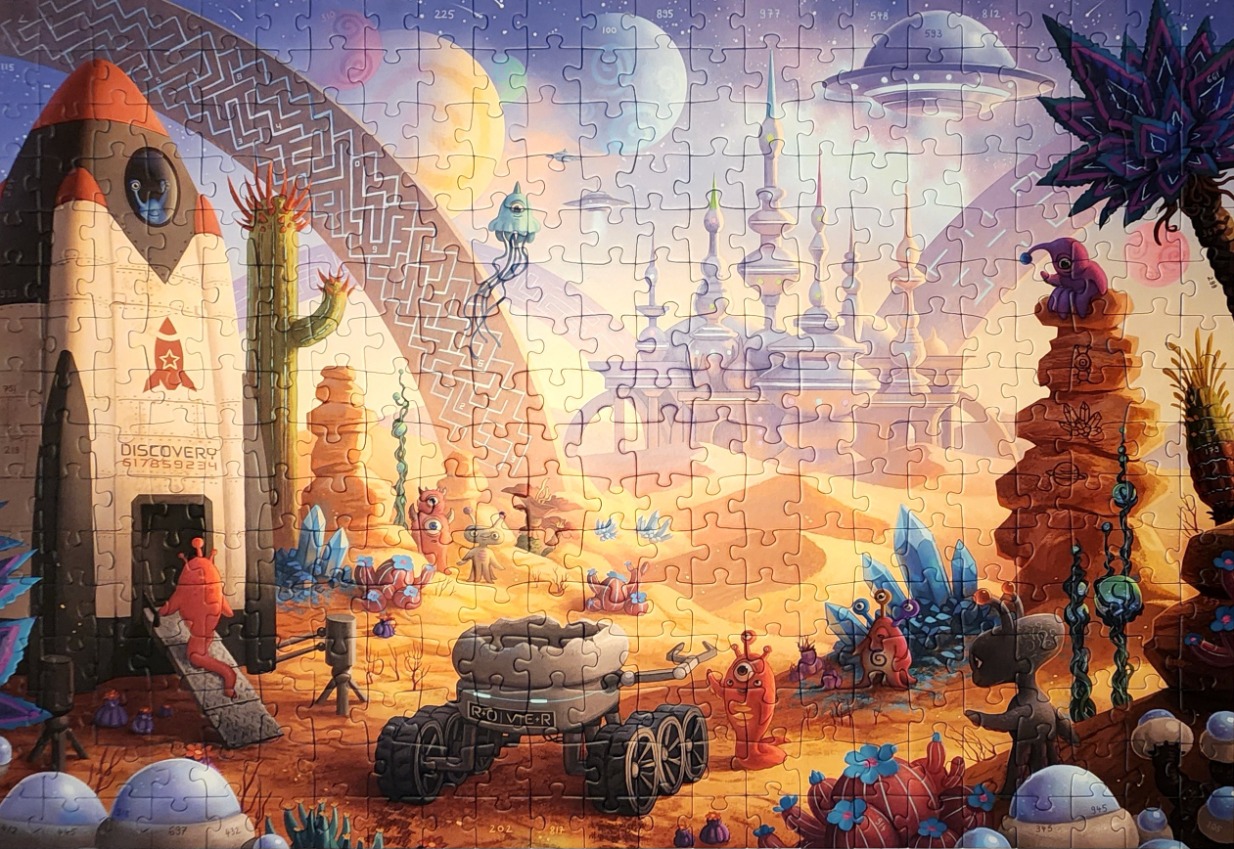 Colorful alien landscape with rockets, rovers, UFOs, and strange creatures under a starry sky.