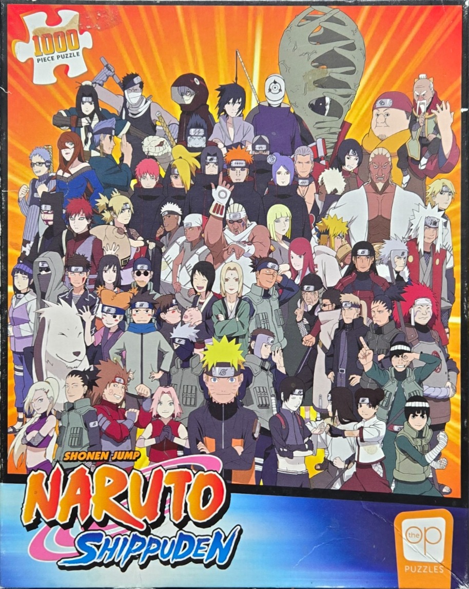 Large ensemble of anime characters from Naruto Shippuden against a bright orange sunburst background.