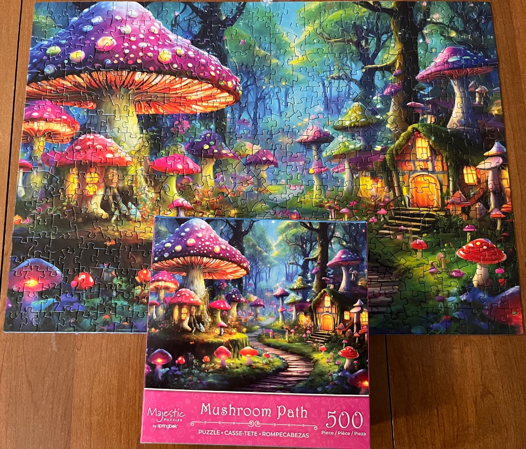A fantasy illustration of a glowing forest with giant mushroom houses and a winding path.