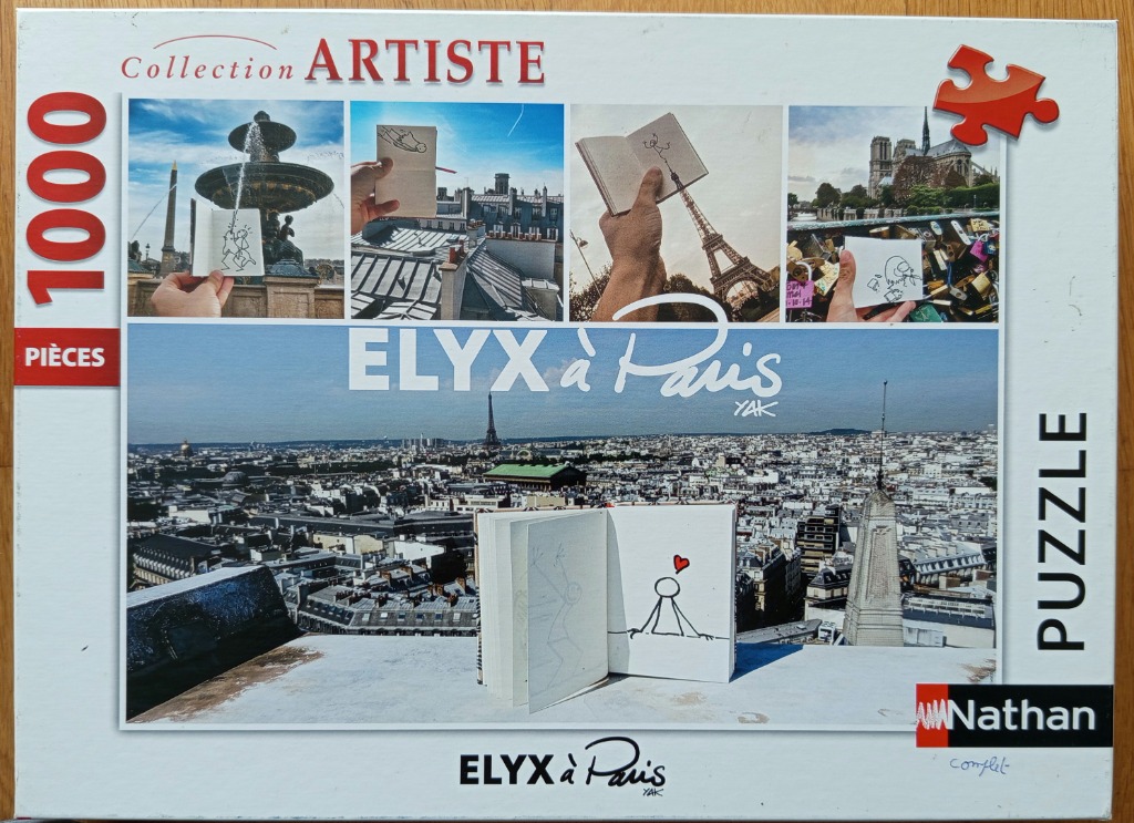 A montage of photographs featuring Parisian landmarks with small hand-drawn stick figure sketches interacting with them.