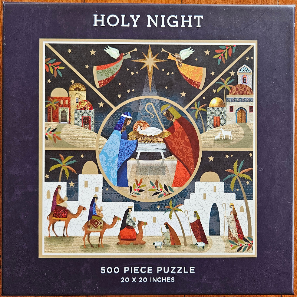 Nativity scene illustration with Mary, Joseph, and baby Jesus at center, flanked by camels and wise men.