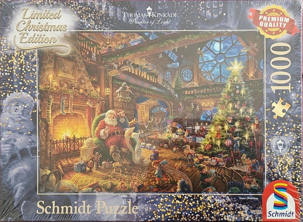A cozy, detailed illustration of Santa Claus sitting by a fireplace inside a busy workshop filled with toys and elves.