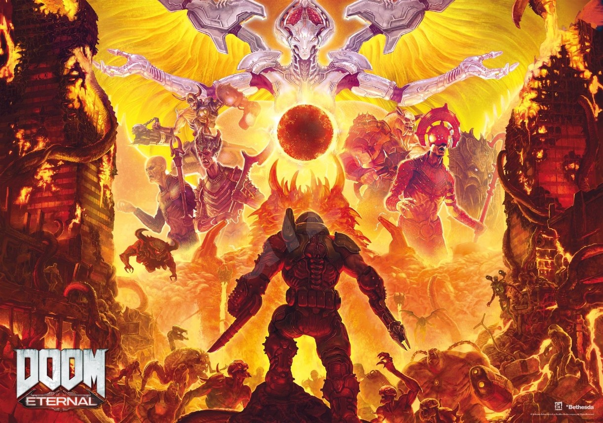A heavily armed warrior in armor stands before a fiery hellscape filled with demonic creatures and a winged celestial being.