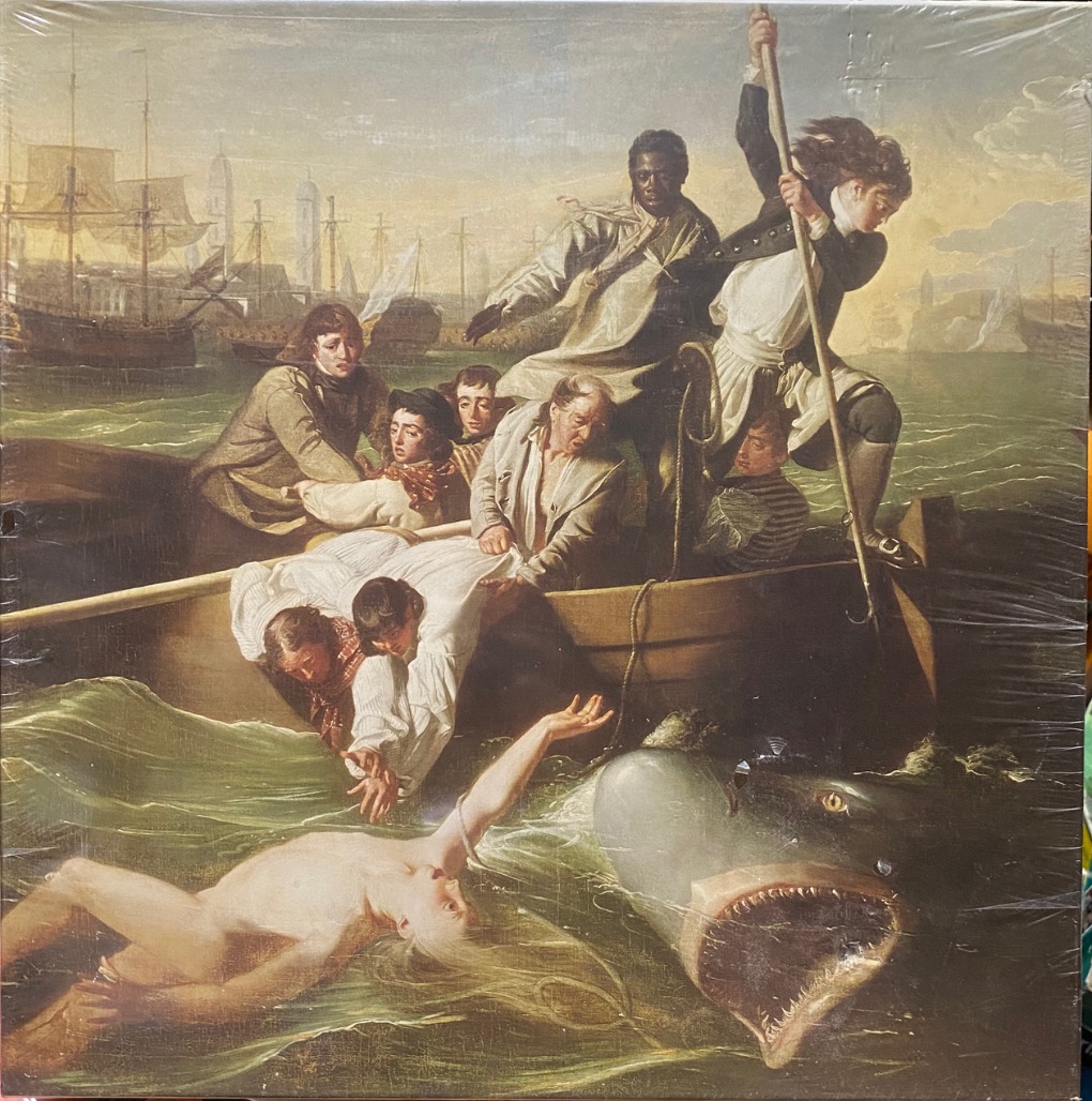 Oil painting of a group of sailors in a rowboat pulling a man from the water, threatened by a large shark.