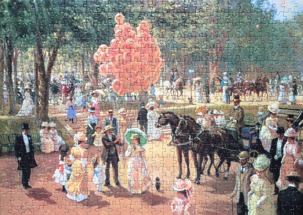 Impressionist-style painting of a bustling Victorian park scene with people and horse-drawn carriages.