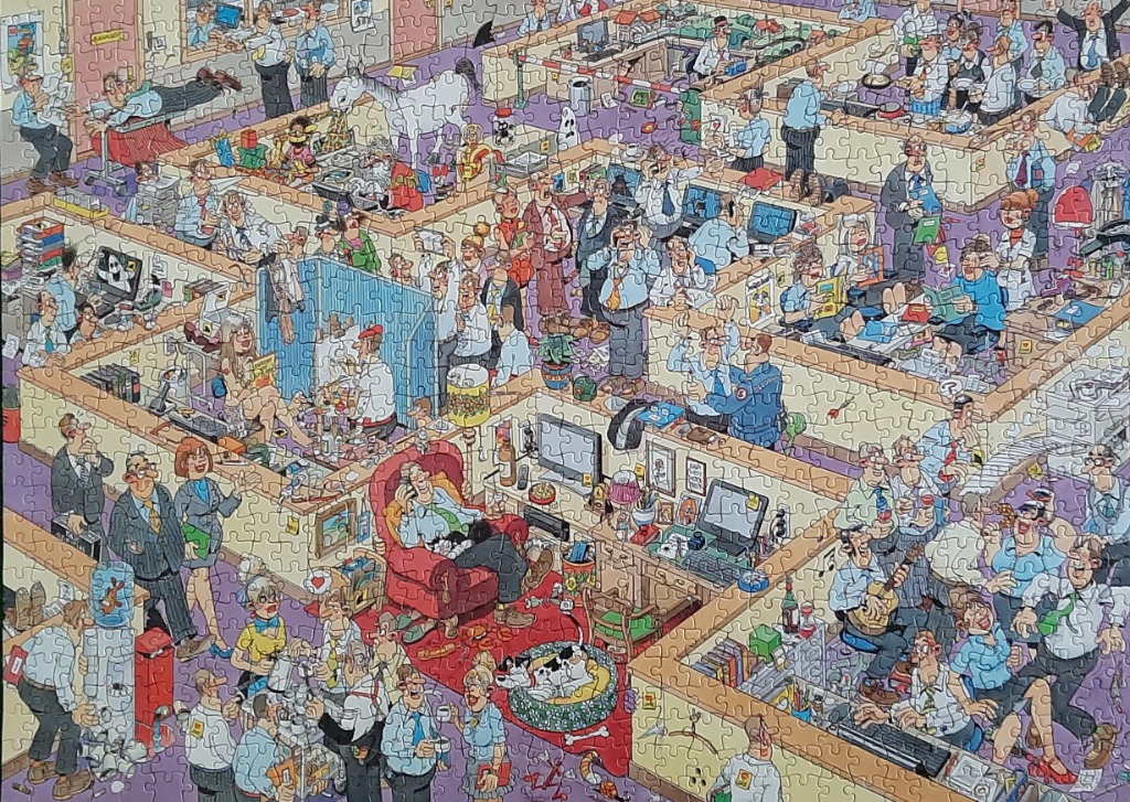 A humorous, densely packed cartoon illustration of a chaotic, multi-level office environment filled with quirky characters.