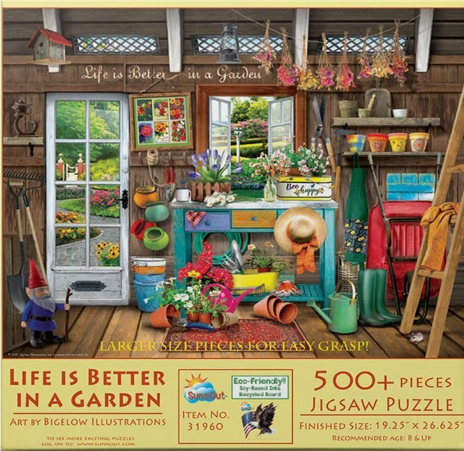 A cozy potting shed filled with garden tools, colorful flowers, and a view into a lush backyard.