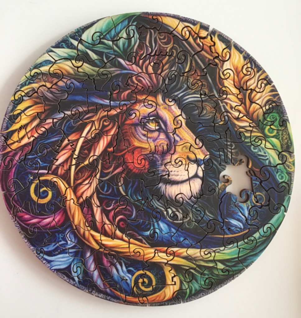 A round artistic illustration of a lion's profile surrounded by flowing, colorful patterns.
