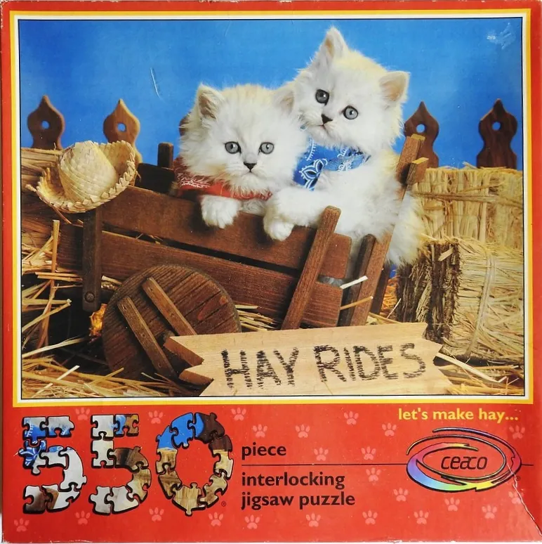 Two fluffy white kittens sitting in a wooden toy wagon filled with hay against a blue sky background.