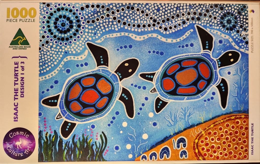 Two stylized sea turtles swimming over a sandy seabed in an Aboriginal dot art style painting.