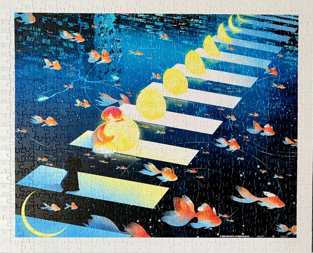 An illustration of a girl and a cat sitting on a crosswalk underwater, surrounded by glowing goldfish.