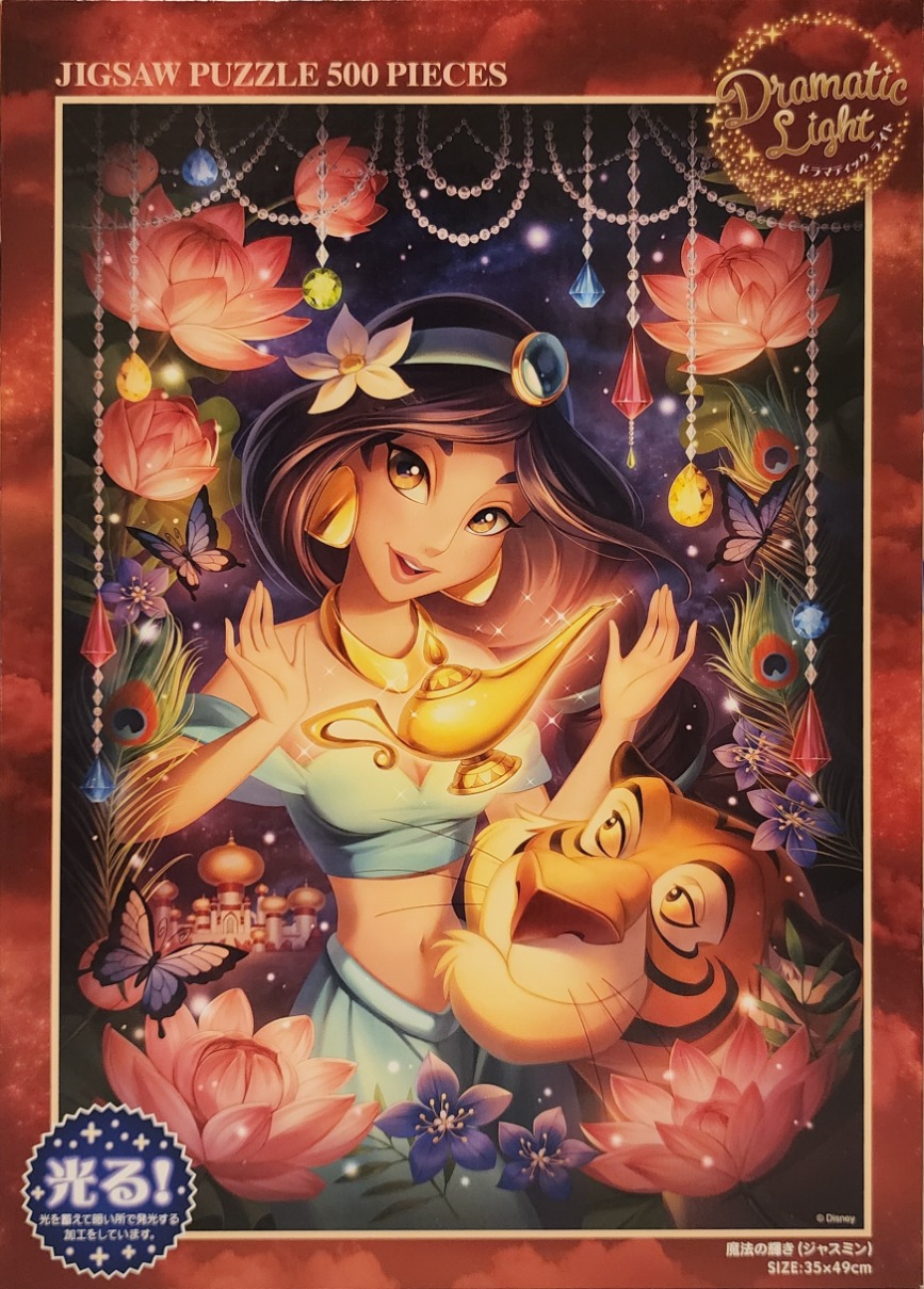Princess Jasmine and Rajah surrounded by glowing flowers, jewels, and a golden lamp in a magical night setting