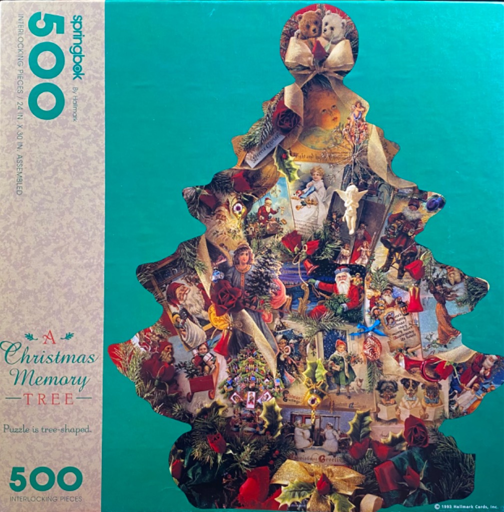 Christmas tree-shaped collage of vintage Victorian holiday greeting cards against a solid teal background.