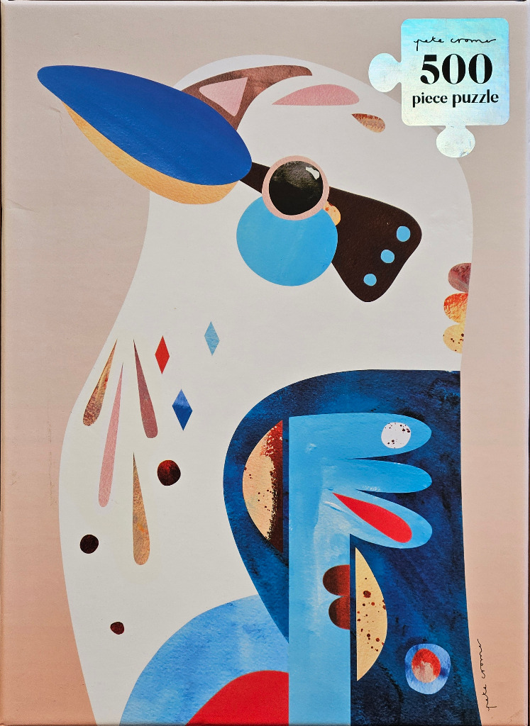 Abstract graphic illustration of a white cockatoo-like bird in profile with bold shapes and bright colors.