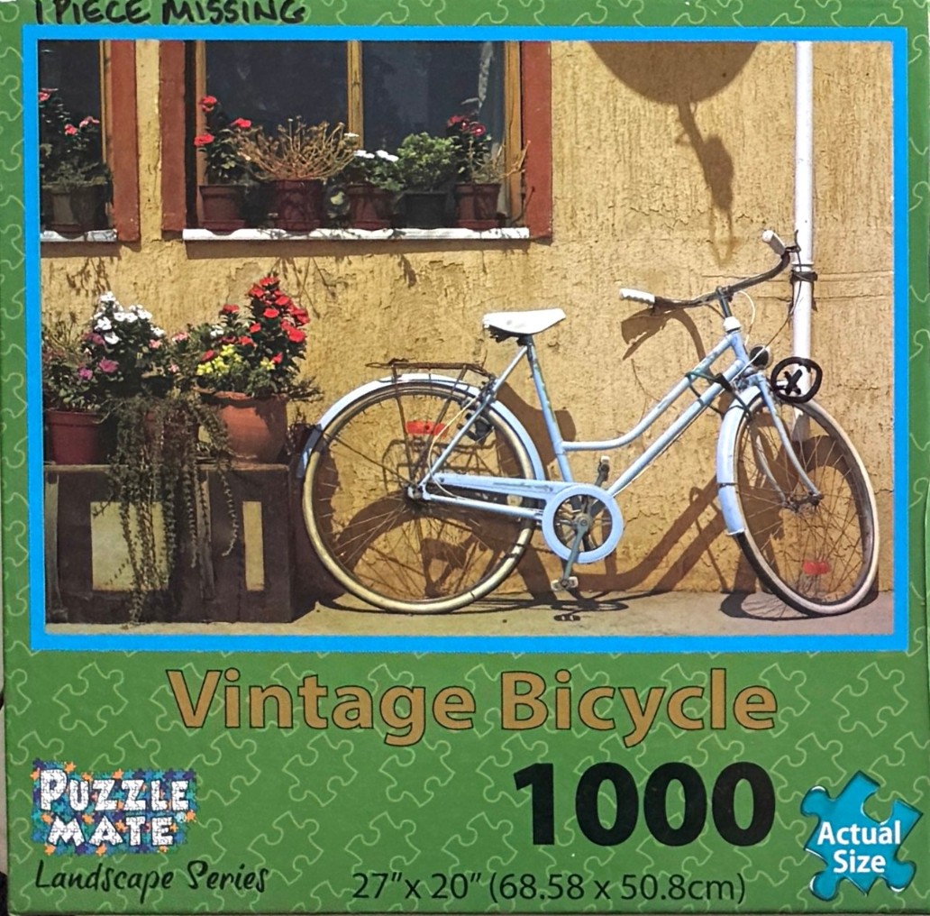 A light blue bicycle parked against a textured yellow wall with potted plants in windows and on a wooden crate.